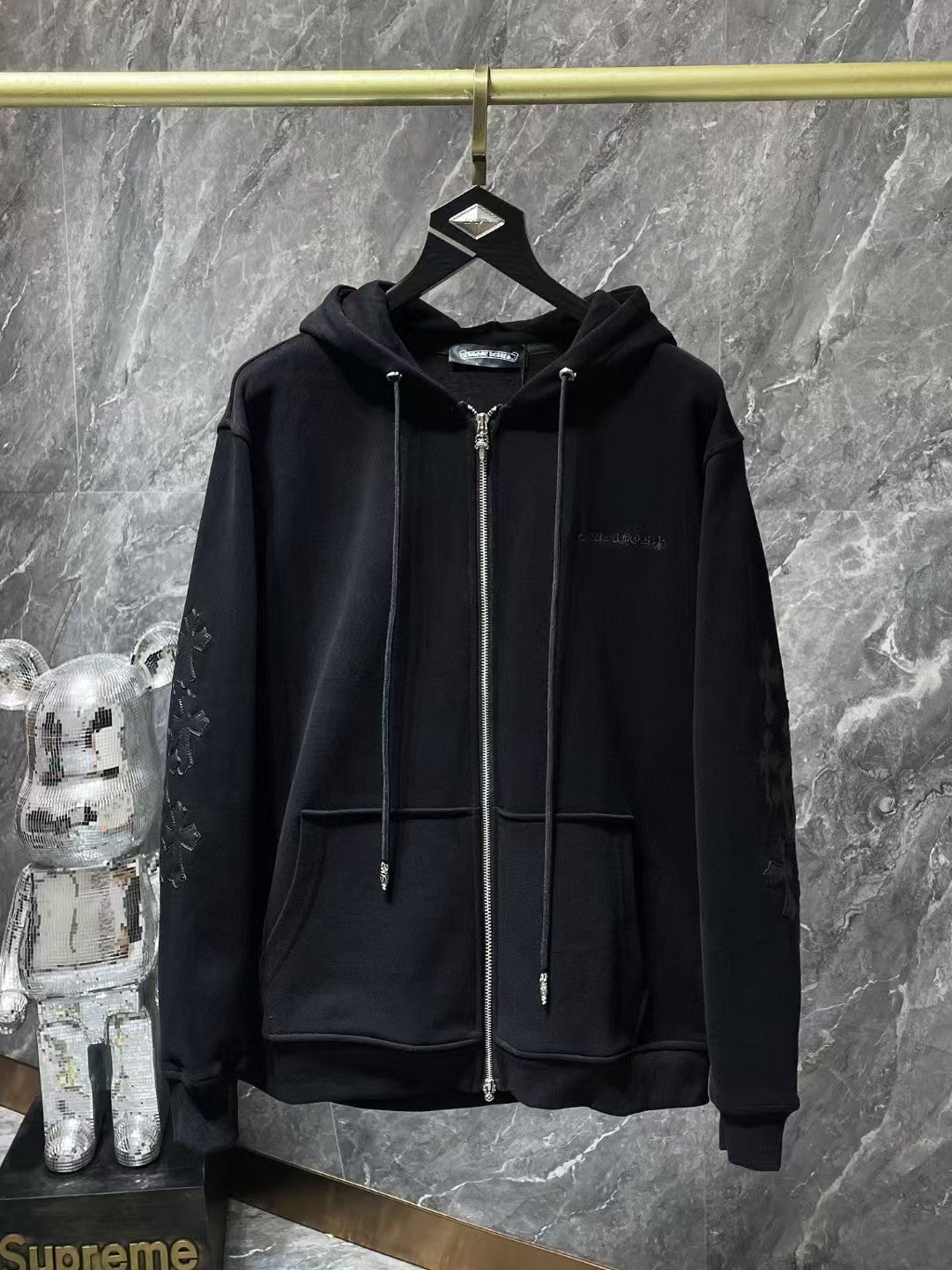 Cross embroidered patchwork zipper hoodie