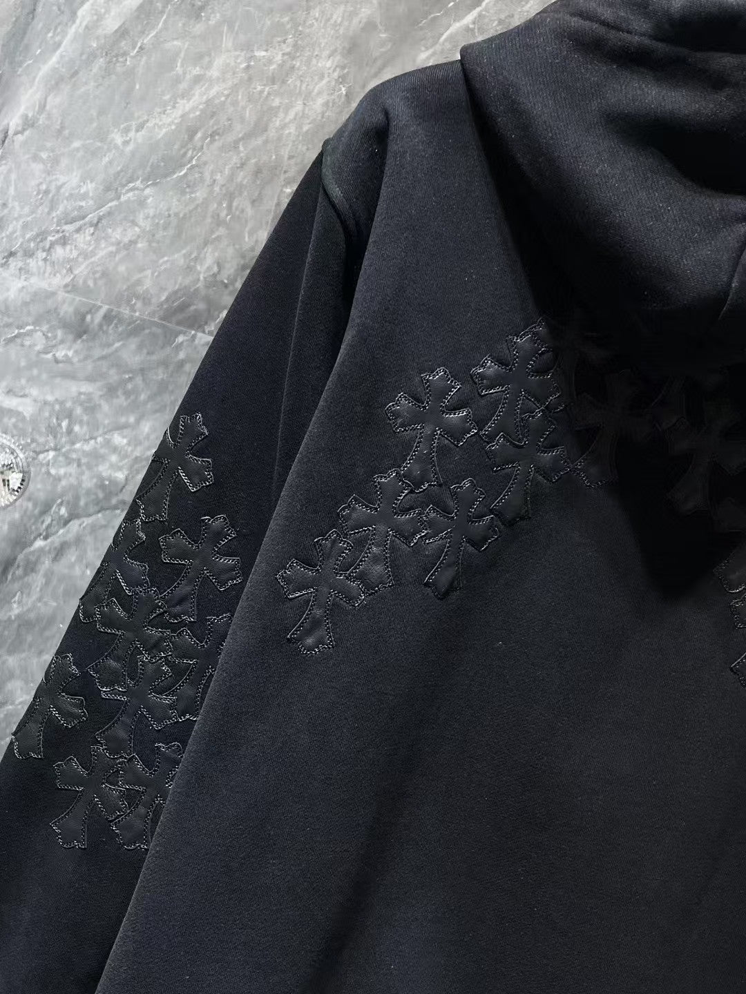 Cross embroidered patchwork zipper hoodie