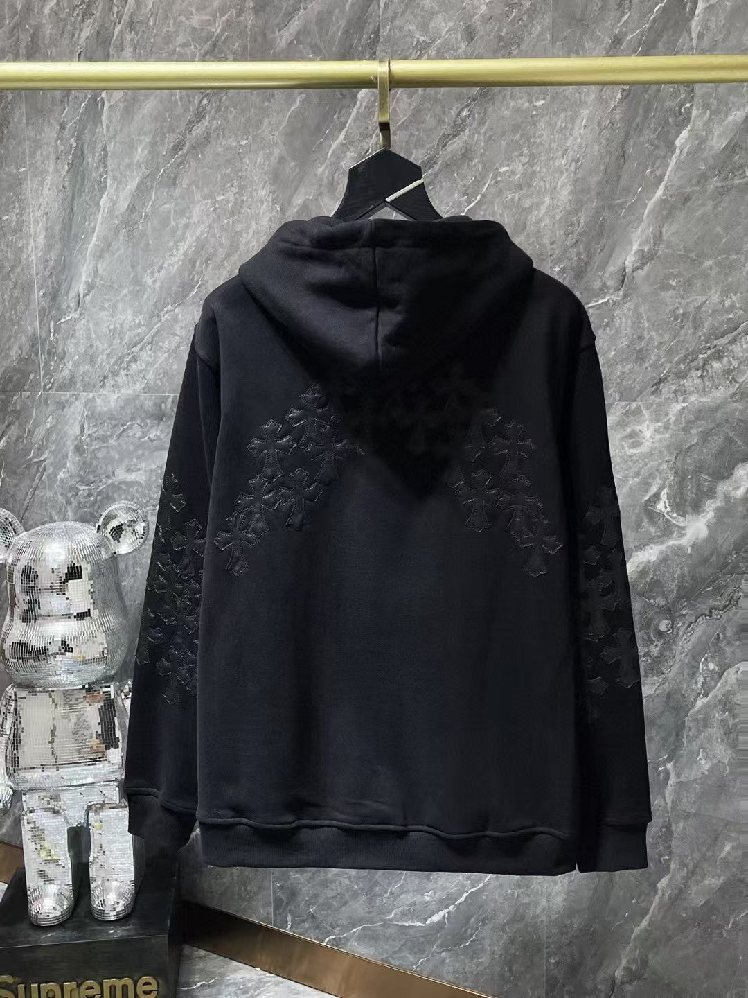 Cross embroidered patchwork zipper hoodie